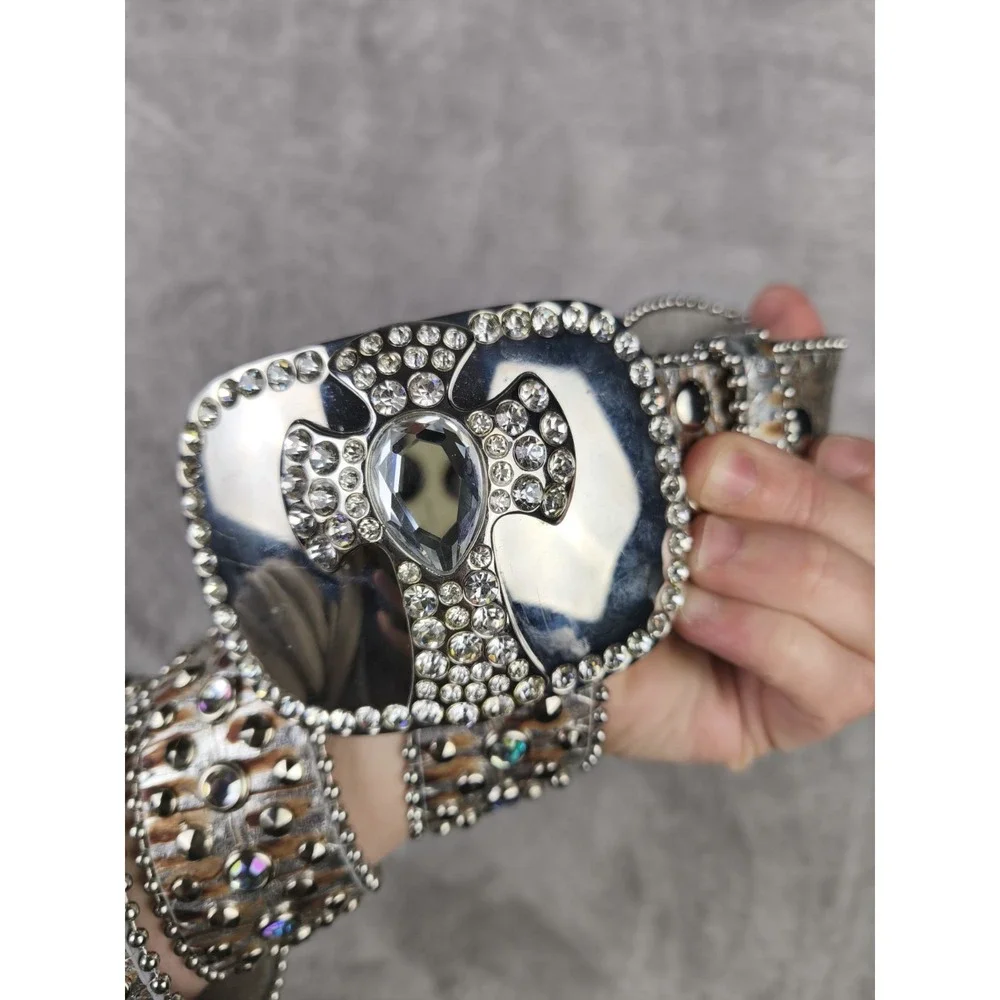 Rhinestone Cross Western Belt Womens Studded Bling Leather Wide Y2K Cowgirl